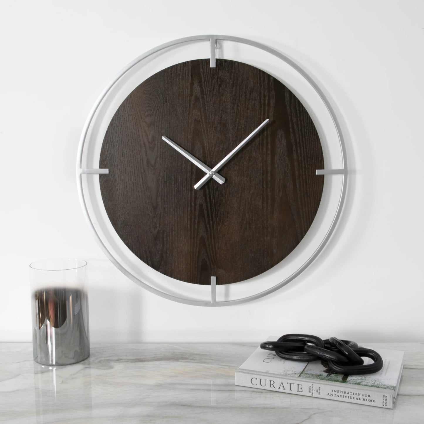 Minimalist Wood & Silver Wall Clock - Oakavia