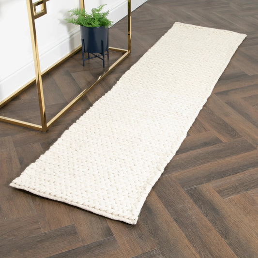 Cream Knitted Runner Wool Rug - 60 x 230cm - Oakavia