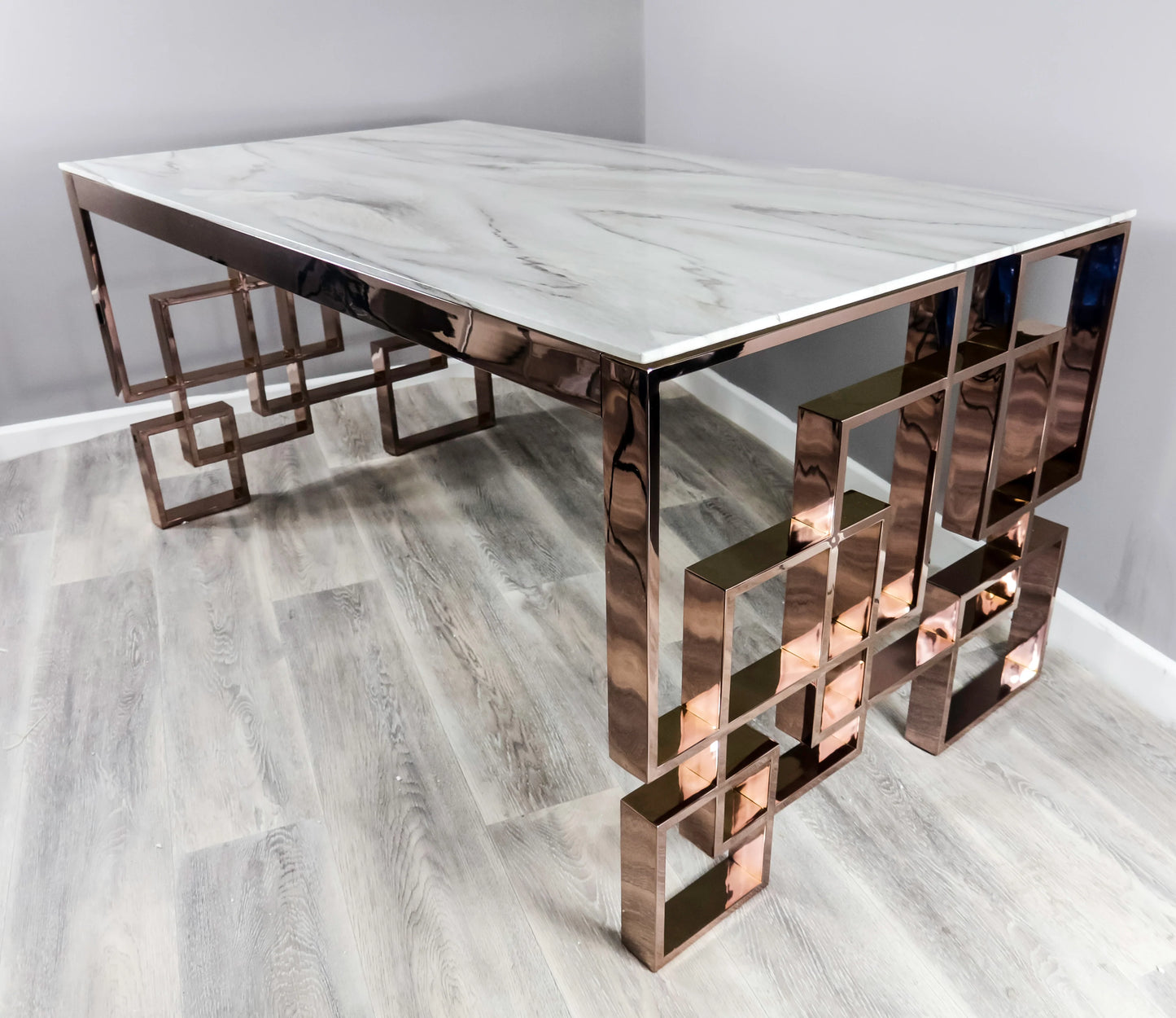 Marble Glass Rose Gold Dining Table 160 x 90 x 75cm - Oakavia