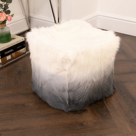 Ivory/Charcoal Goatskin Ombre Pouffe - Oakavia