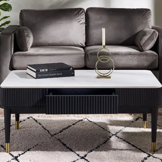 Louis Fluted Stone Top Coffee Table With 2 Drawers - Black