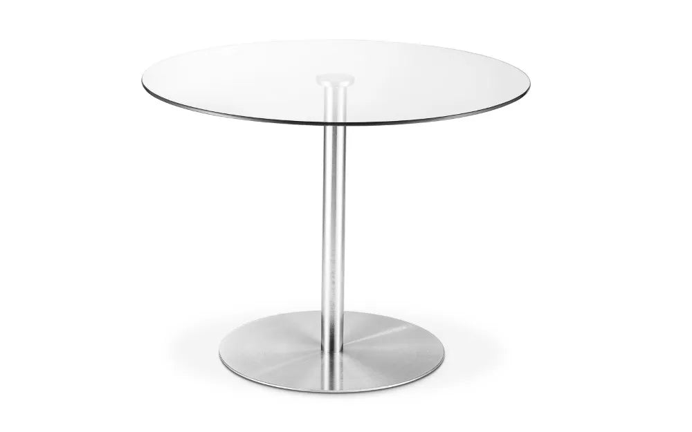 MILAN ROUND GLASS BRUSHED STEEL PEDESTAL TABLE Julian Bowen