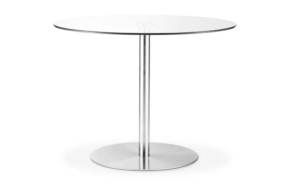 MILAN ROUND GLASS BRUSHED STEEL PEDESTAL TABLE Julian Bowen