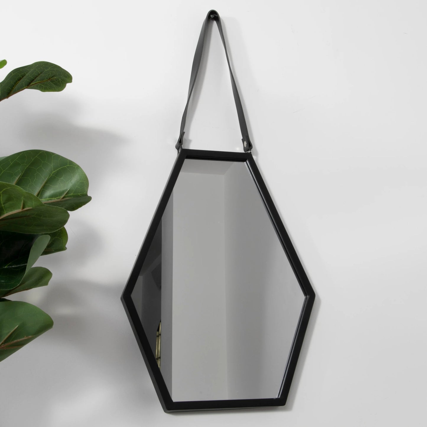 Hexagon Black Metal Mirror with Leather Strap - Oakavia