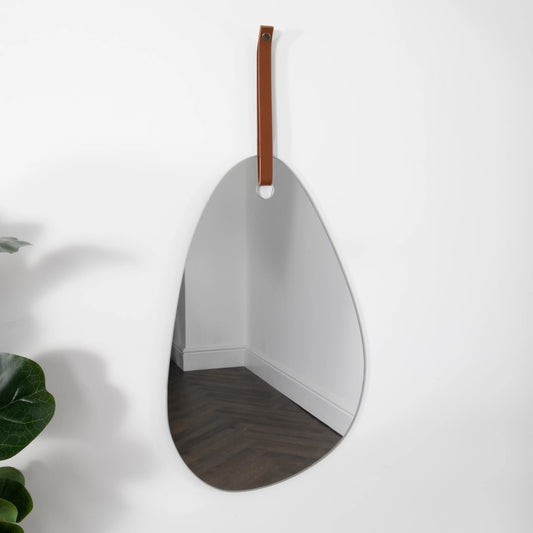 Pebble Shaped Mirror with Brown Leather Hanging Strap - Oakavia