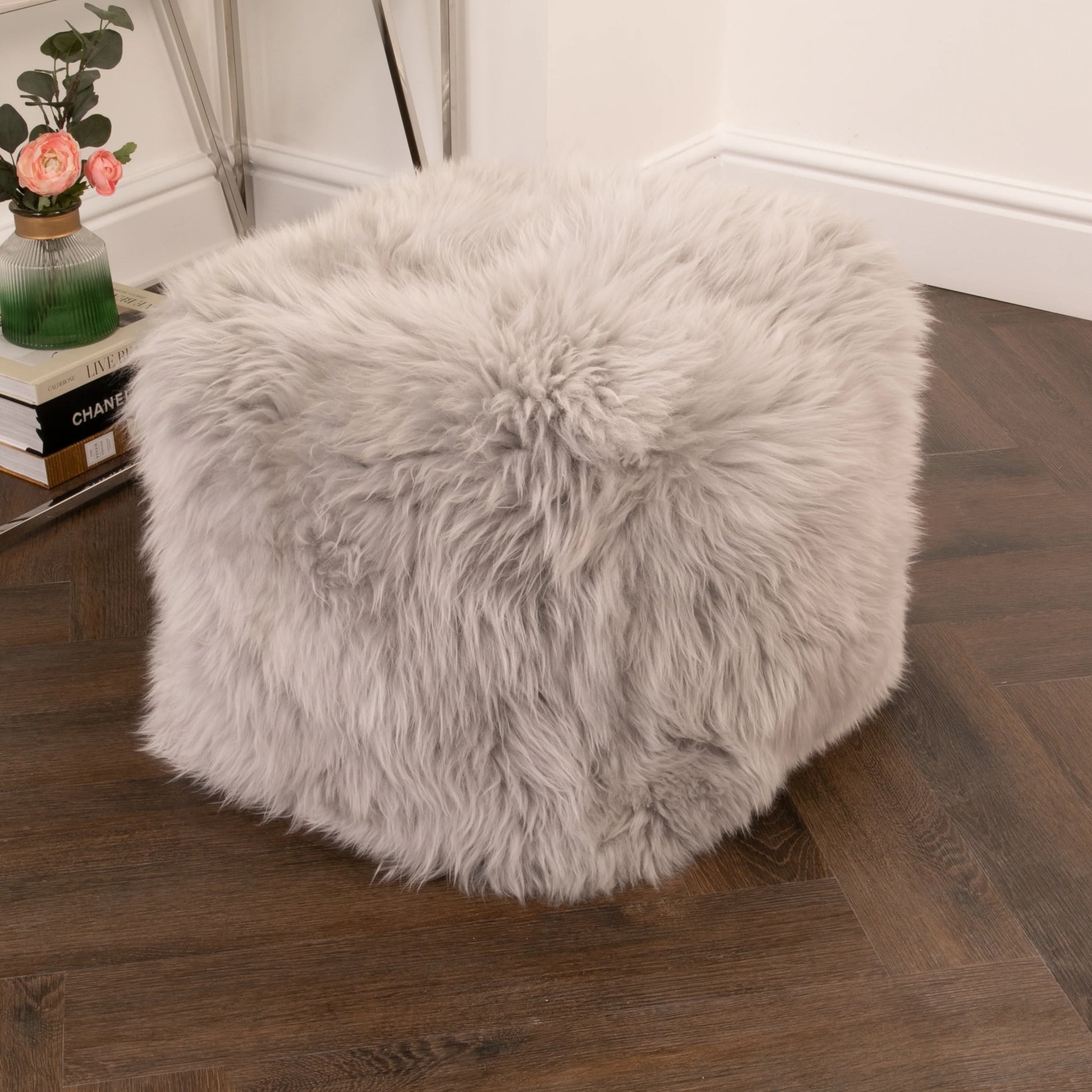 Grey Long Haired Sheepskin Pouffe - Oakavia