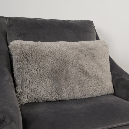 Grey Short Pile Sheepskin Boudoir Cushion 30 x 50cm - Oakavia