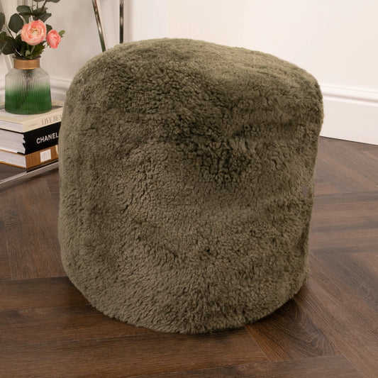 Khaki Green Short Pile Sheepskin Pouffe - Oakavia