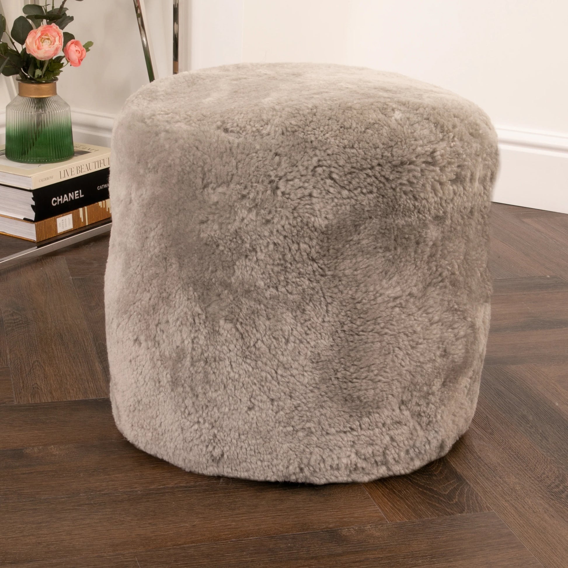 Grey Short Pile Sheepskin Pouffe - Oakavia