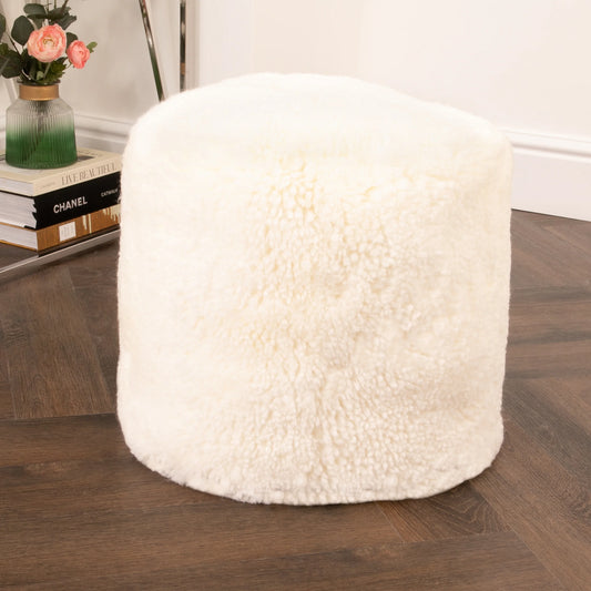 Ivory Short Pile Sheepskin Pouffe - Oakavia