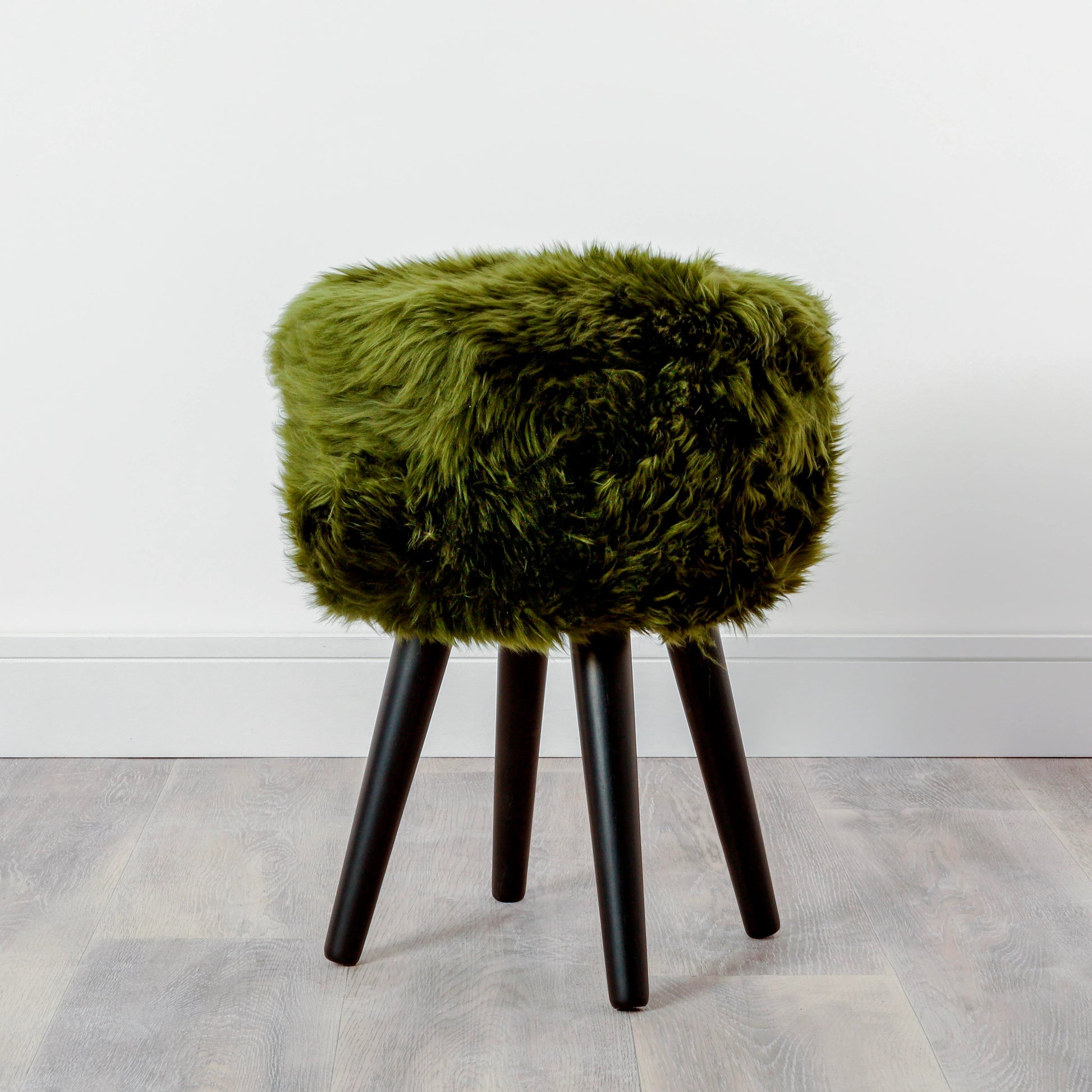 Olive Green Sheepskin Wood Stool - Black - Oakavia