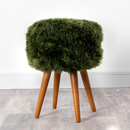 Olive Green Sheepskin Wood Stool - Woodstain - Oakavia