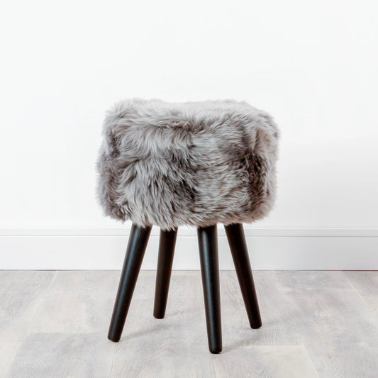 Grey Sheepskin Wood Stool - Black - Oakavia