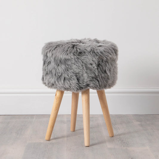 Grey Sheepskin Wood Stool - Light Wood - Oakavia