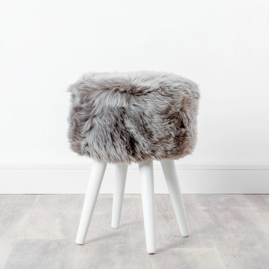 Grey Sheepskin Wood Stool - White - Oakavia