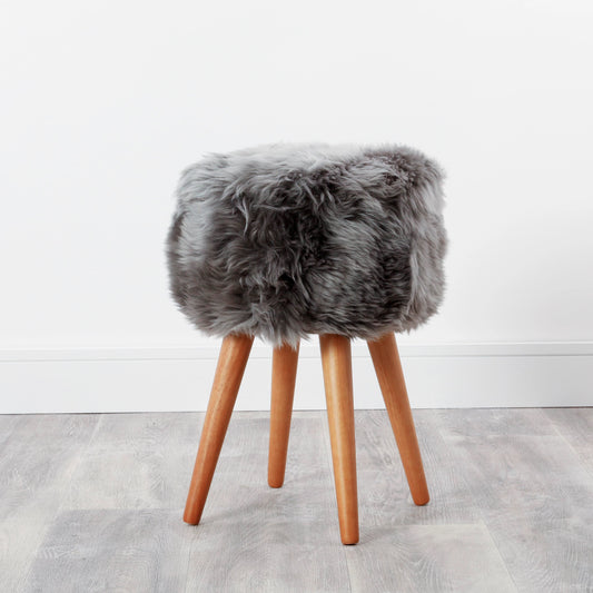 Grey Sheepskin Wood Stool - Woodstain - Oakavia