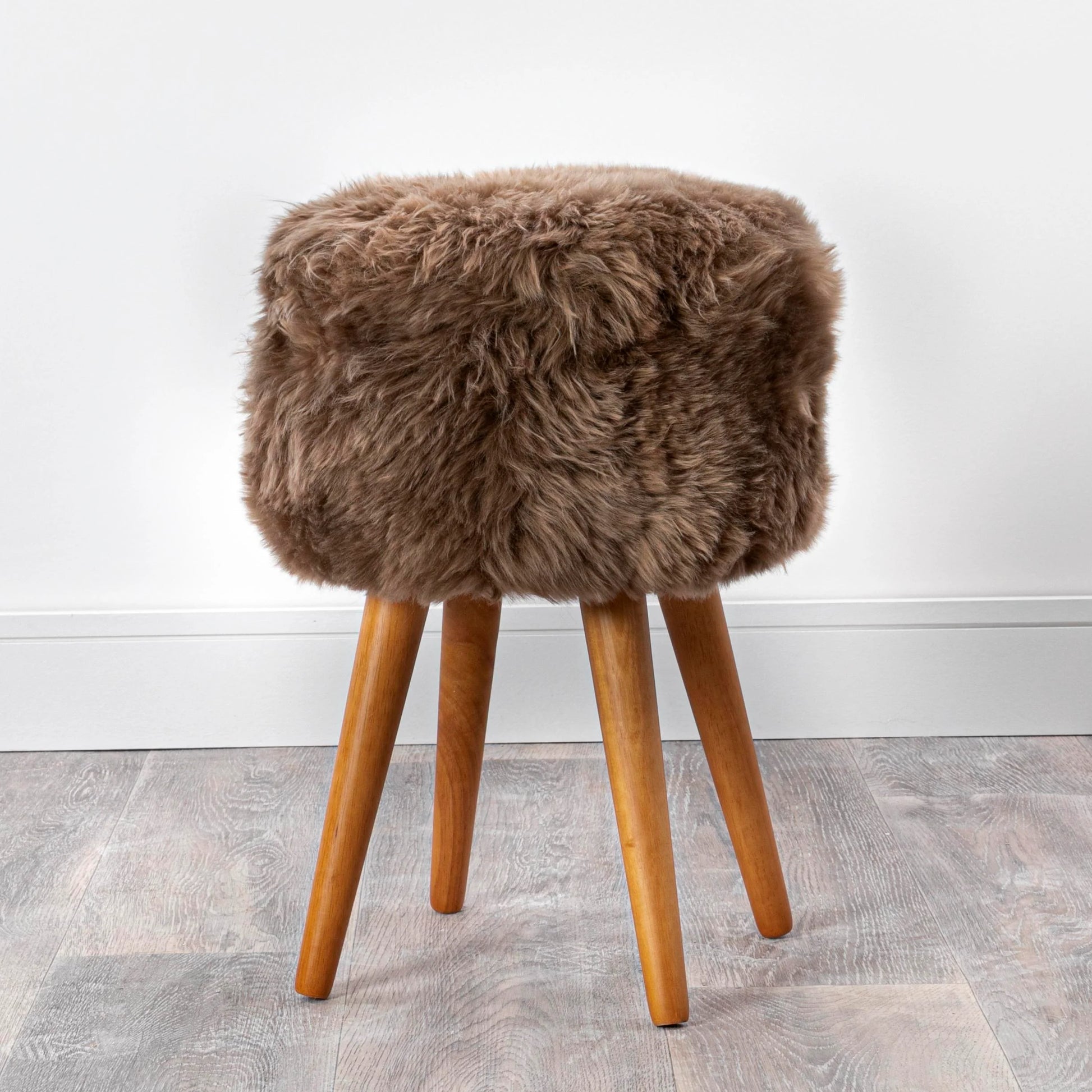 Light Brown Sheepskin Wood Stool - Woodstain - Oakavia