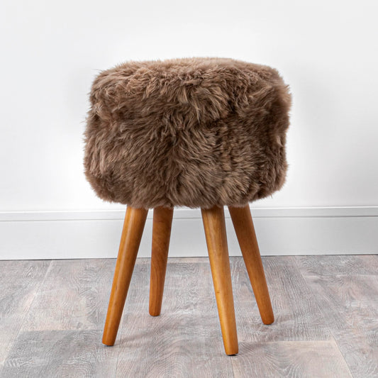 Light Brown Sheepskin Wood Stool - Woodstain - Oakavia