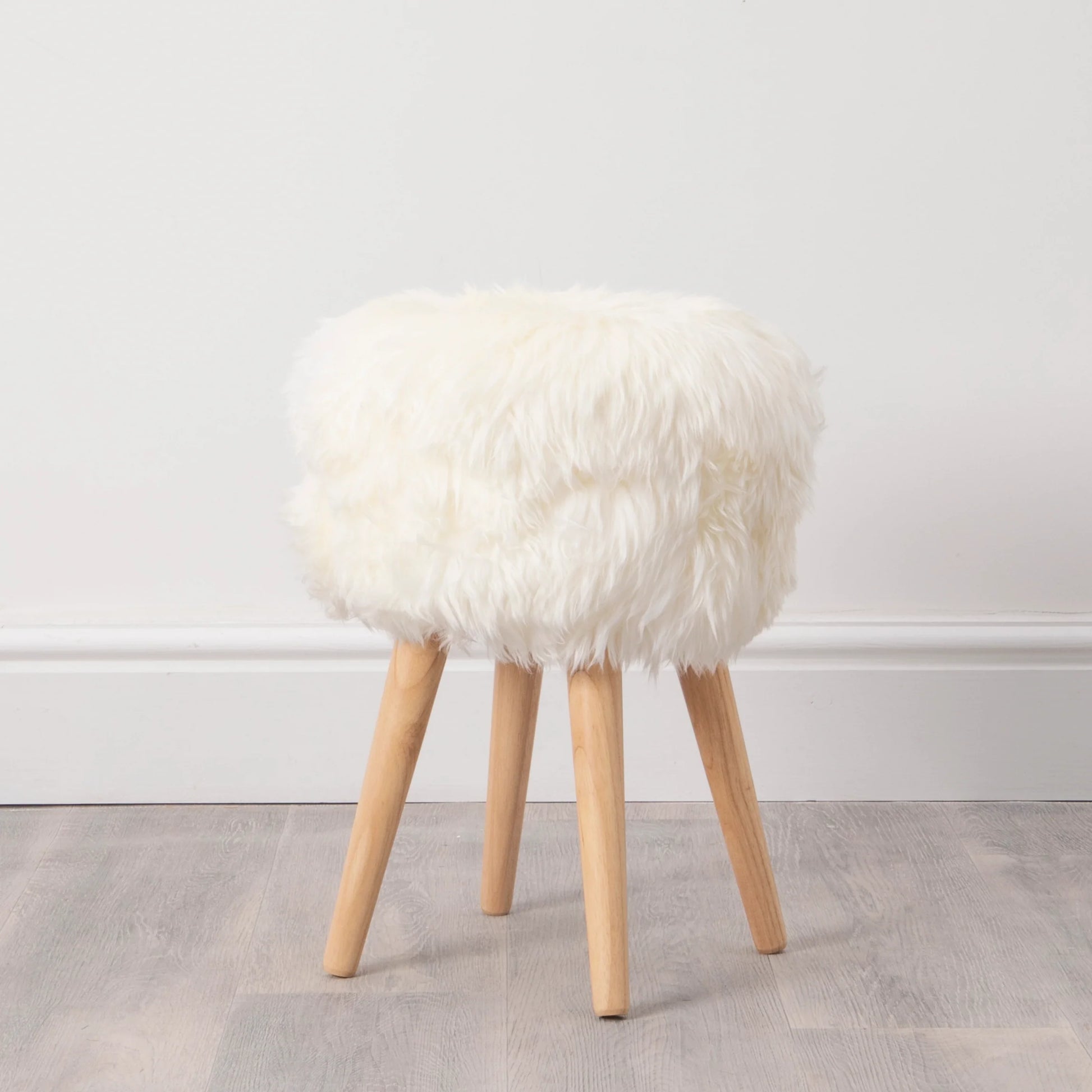 Natural White Sheepskin Wood Stool - Light Wood - Oakavia