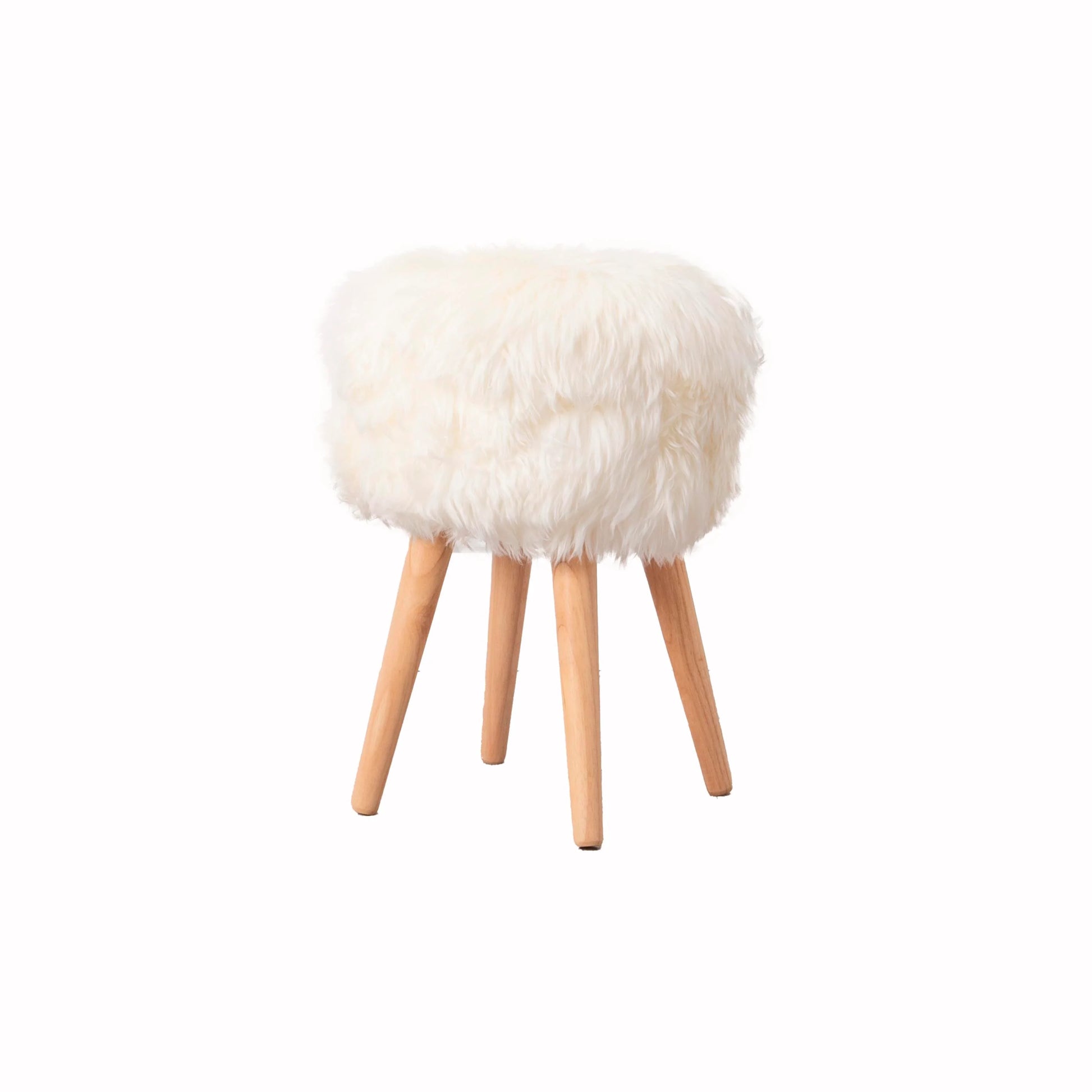 Natural White Sheepskin Wood Stool - Light Wood - Oakavia