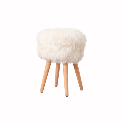 Natural White Sheepskin Wood Stool - Light Wood - Oakavia