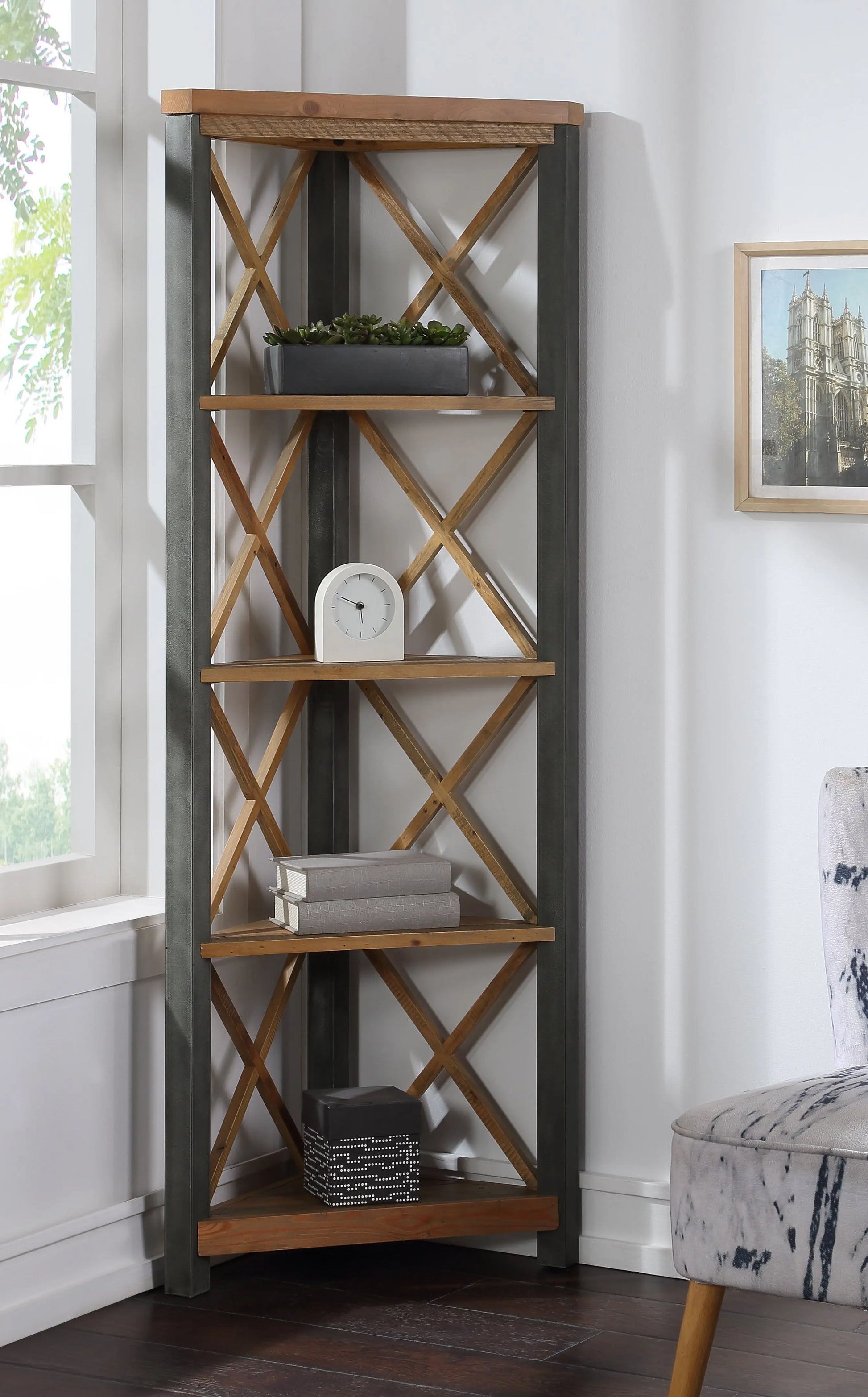 Wood Furniture UK - Shop Urban Elegance - Reclaimed Large Corner Bookcase - Oakavia