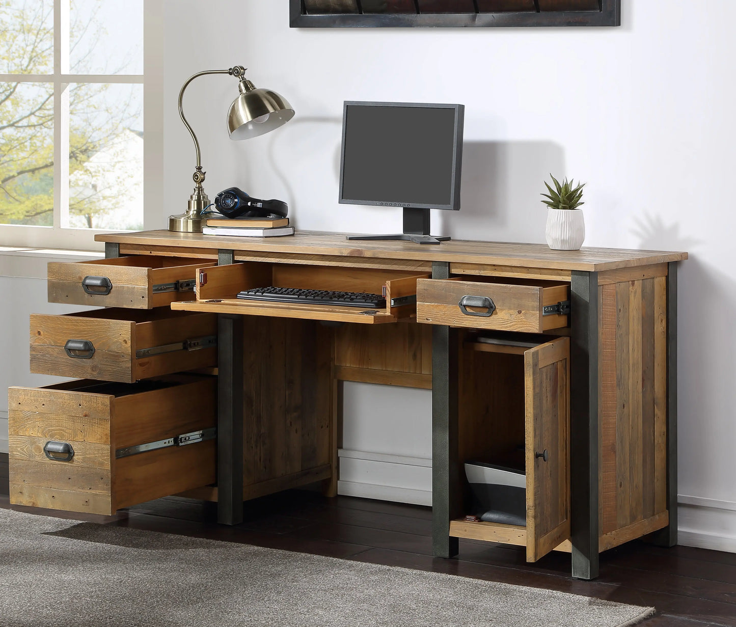 Wood Furniture UK - Shop Urban Elegance - Reclaimed Twin Pedestal Home Office Desk - Oakavia