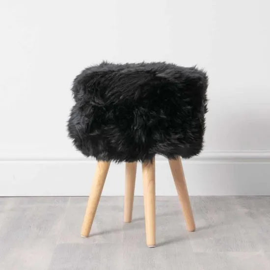 Black Sheepskin Wood Stool - Light Wood - Oakavia