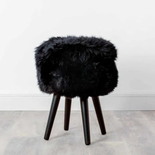 Black Sheepskin Wood Stool - Black - Oakavia