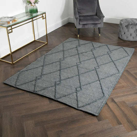 Grey Diamond Pattern Large Wool Rug - 160 x 230cm - Oakavia