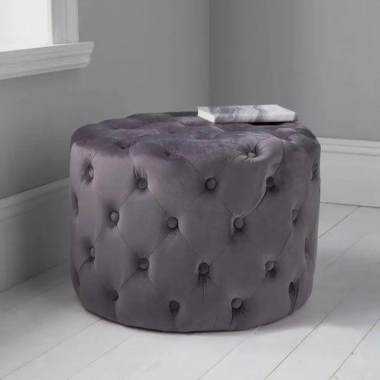 Grey Tufted Velvet Pouffe - Oakavia