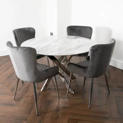 Marble Glass Round Dining Table with 4 Chairs - Oakavia