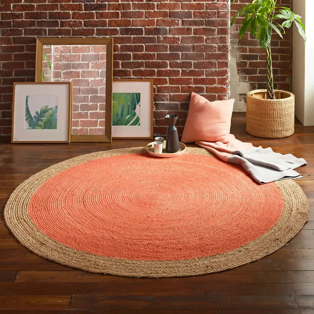 Milano Soft Jute Rug with Blood Orange Centre - 120cm Diameter - Oakavia