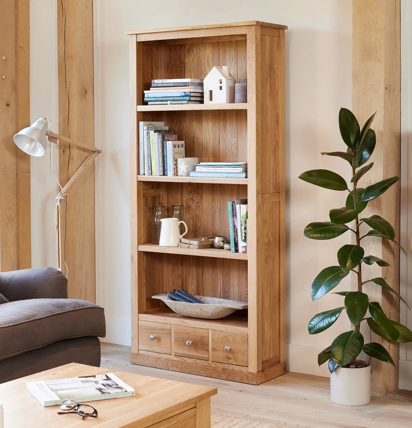 Wood Furniture UK - Shop Mobel Oak Large 3 Drawer Bookcase - Oakavia