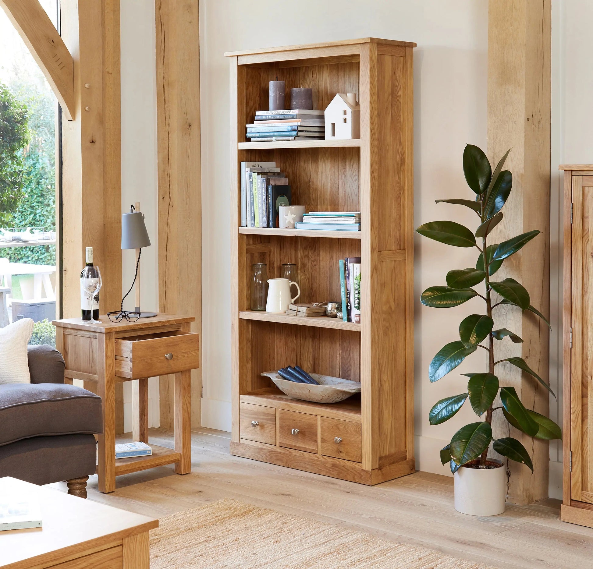 Wood Furniture UK - Shop Mobel Oak Large 3 Drawer Bookcase - Oakavia