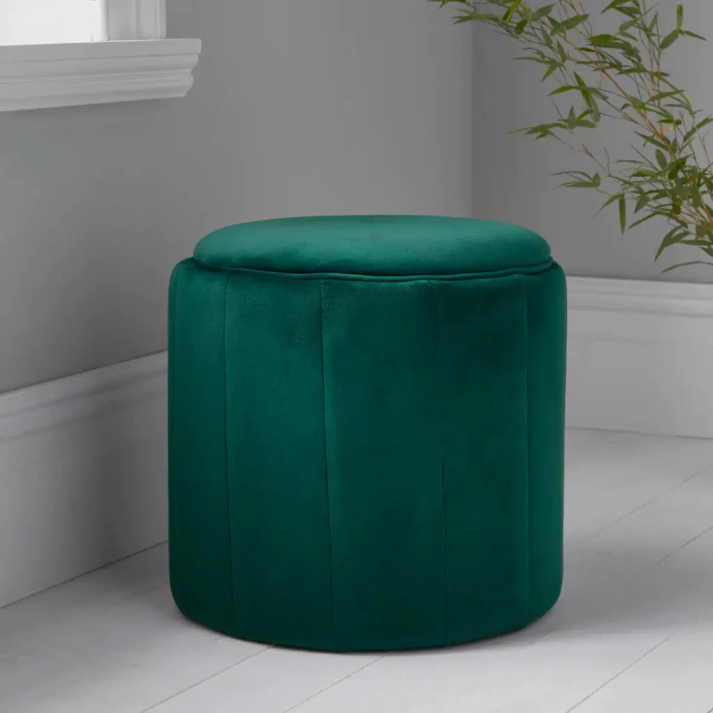 Round Deep Green Plush Stool - Oakavia