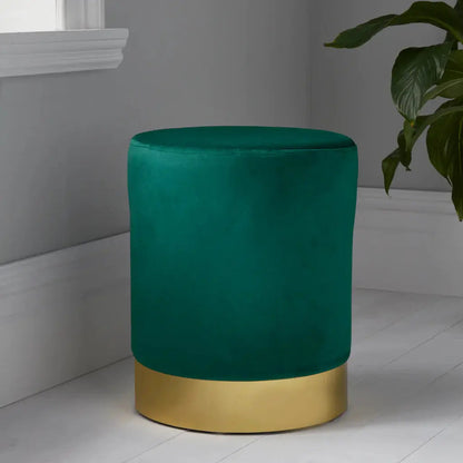 Round Deep Green Velvet Stool - Gold Finish - Oakavia