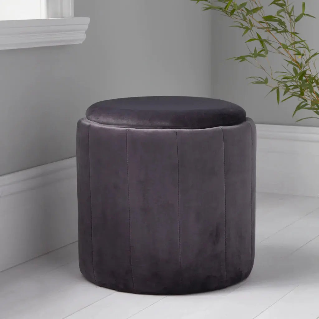 Round Grey Plush Stool - Oakavia