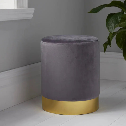 Round Grey Velvet Stool - Gold Finish - Oakavia