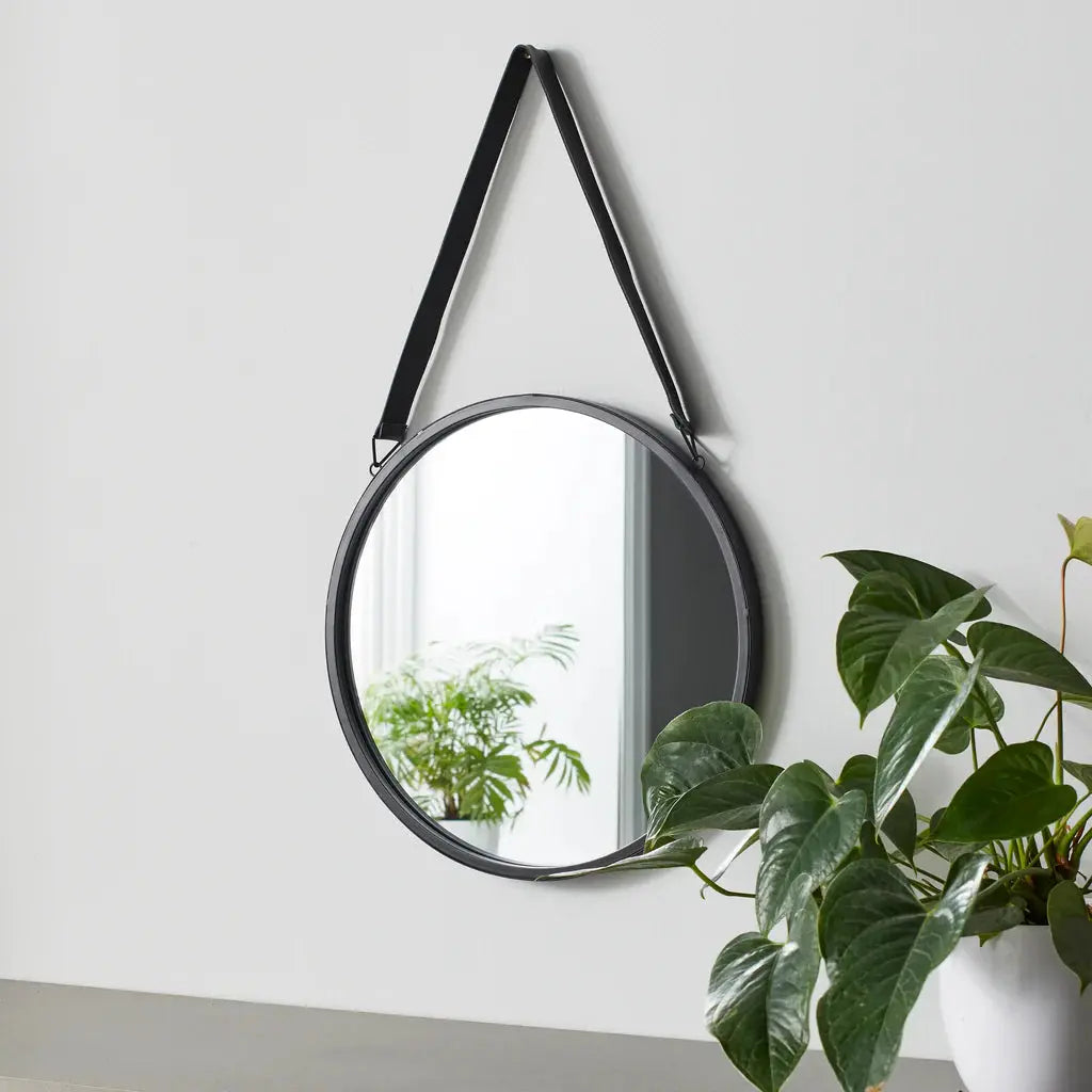 Round Mirror with Leather Strap - Oakavia