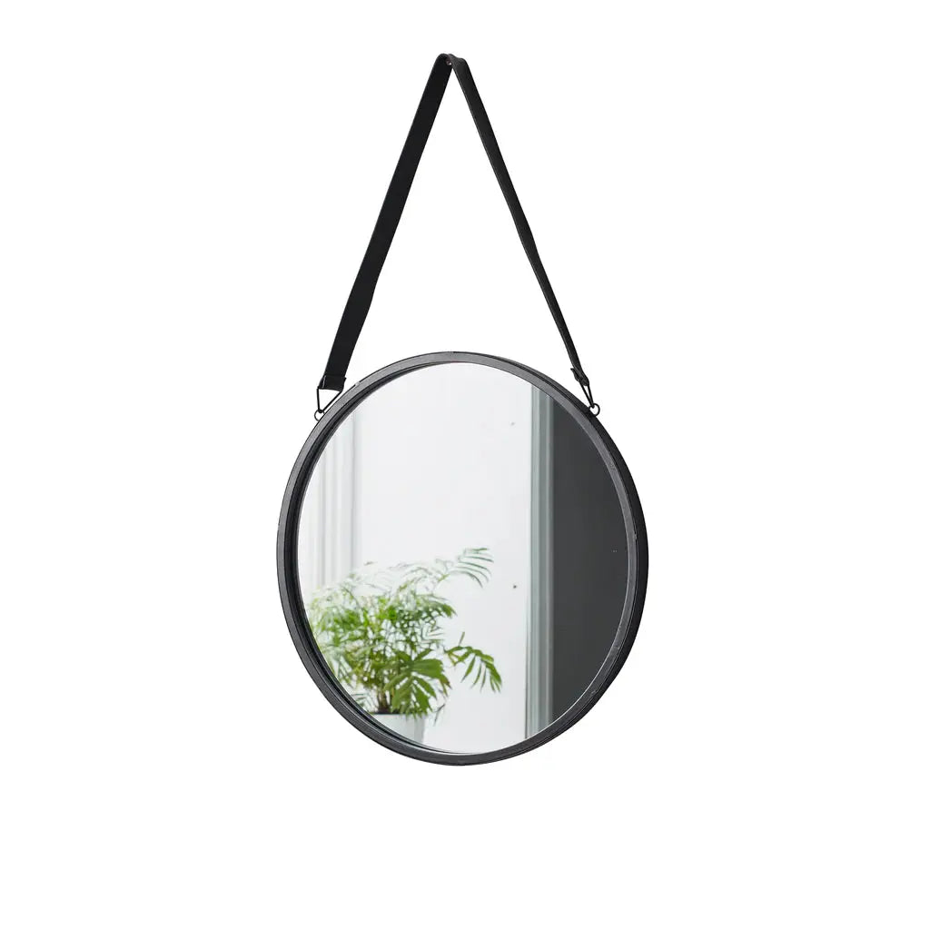 Round Mirror with Leather Strap - Oakavia