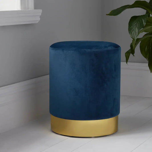 Round Mystique Blue Velvet Stool - Gold Finish - Oakavia