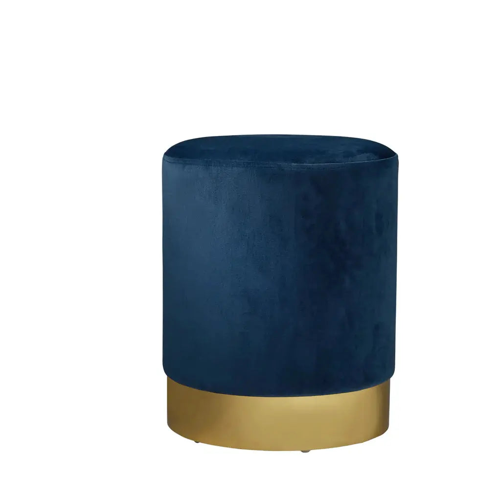 Round Mystique Blue Velvet Stool - Gold Finish - Oakavia