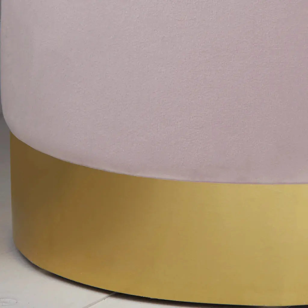 Round Pastel Pink Velvet Stool - Gold Finish - Oakavia