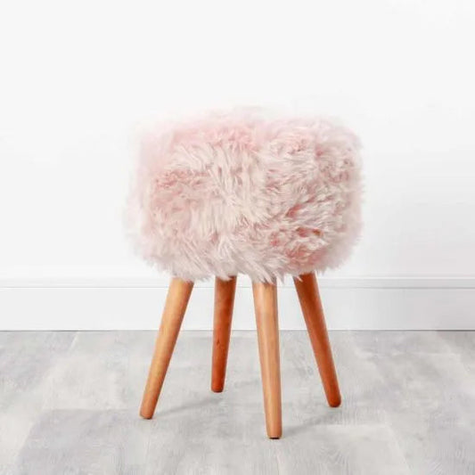 Blush Pink Sheepskin Wood Stool - Woodstain - Oakavia