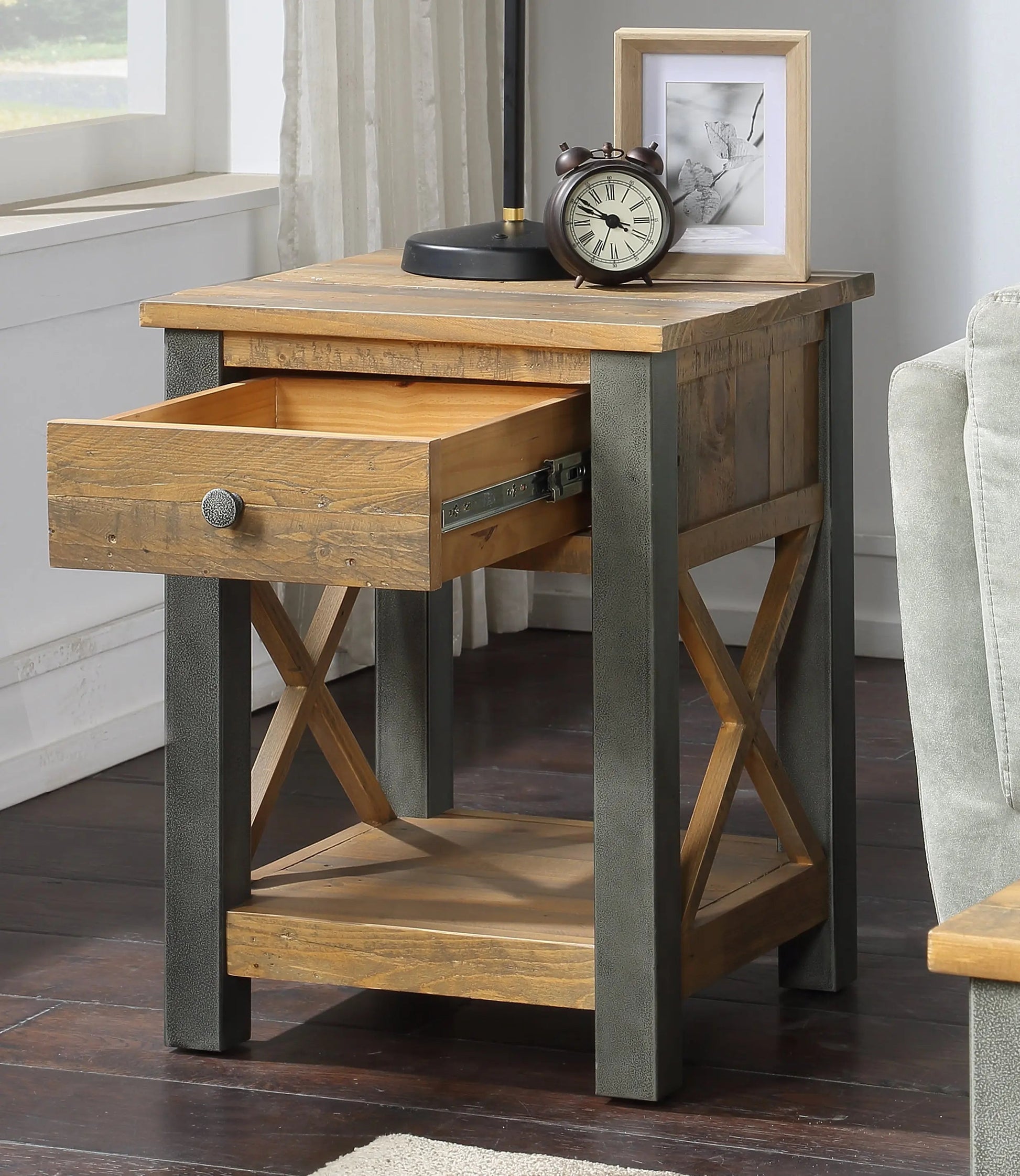 Wood Furniture UK - Shop Urban Elegance - Reclaimed Lamp Table With Drawer - Oakavia