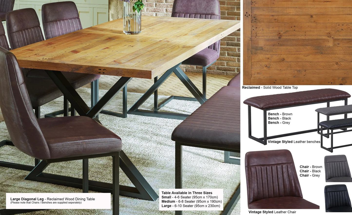 Urban Elegance - Reclaimed Table LARGE (Diagonal Leg / 95cm x 230cm top) 6-10 Seater - Oakavia