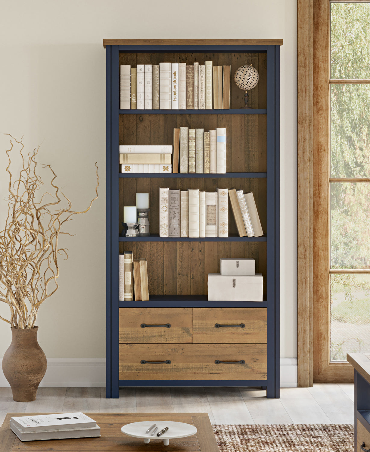 Splash of Blue - Large Open Bookcase with Drawers